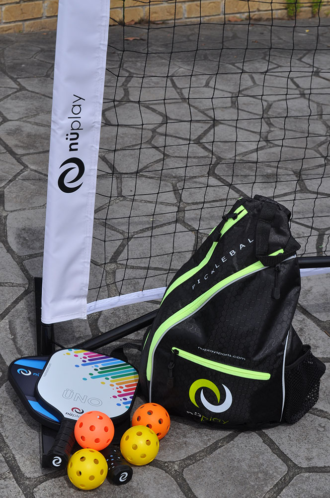 nüplay equipment assortment - net, sling bag, paddles, balls