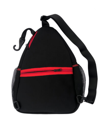 Black neoprene bag with holding hook - back - with hook out